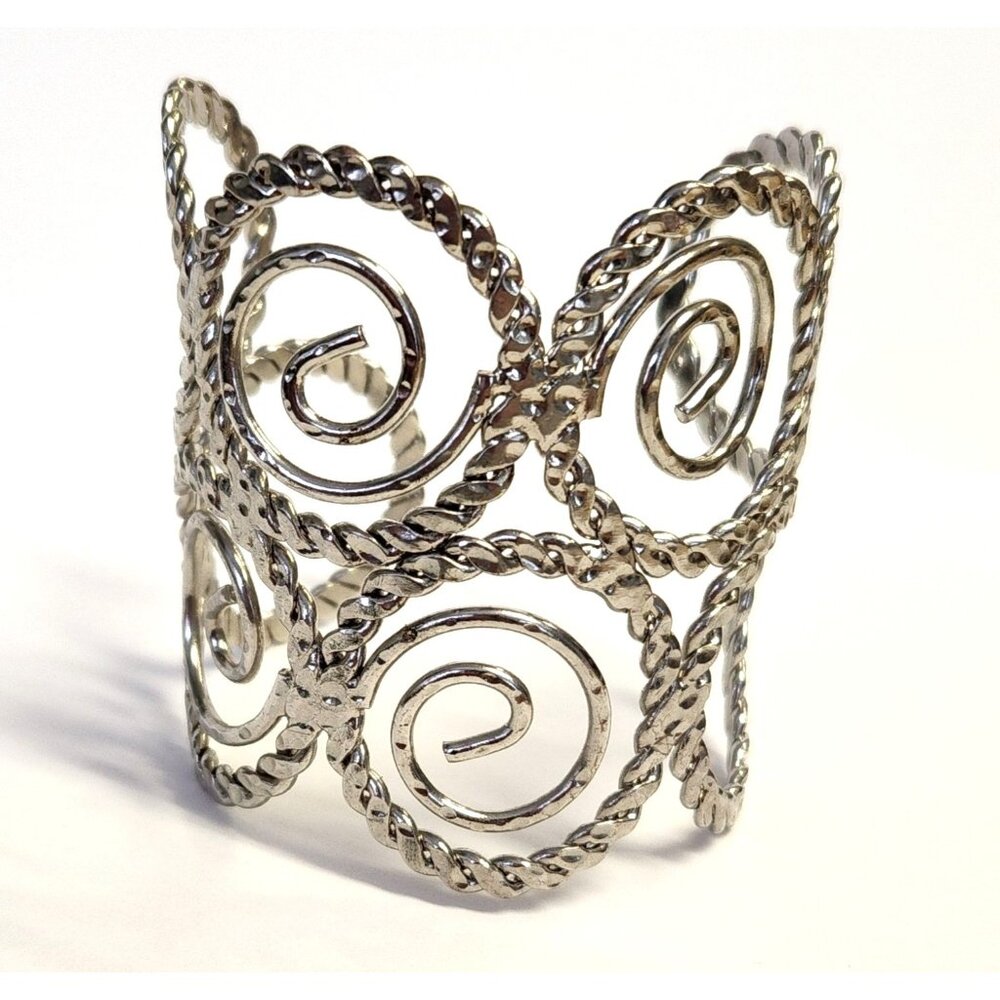 Silver-Tone Spiral Open Cuff Bracelet With Twisted Rope Design